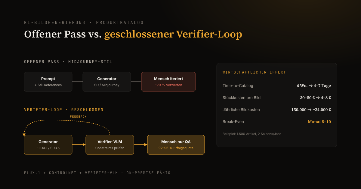 Vergleich offene Bildgenerierung versus geschlossener Verifier-Loop mit Markenkonformitätsprüfung
